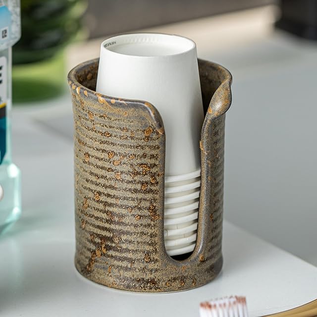 Ceramic Bathroom Cup Dispenser, 3 Oz Mouthwash Cup Dispenser Bathroom Cup Holder for Dixie Cups Rising Cups, Small Disposable Paper Cup Holders, Brown