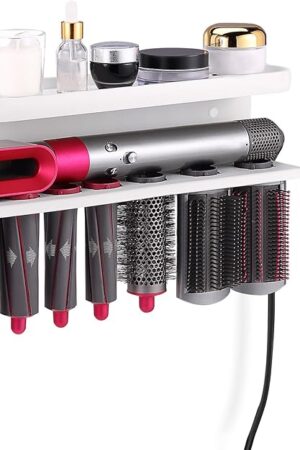 Wall Mount Holder for Dyson Airwrap Styler, White Storage Rack Organizer for Hair Curling Iron & Attachments – Space-Saving Bathroom Bracket Stand, No-Drill Installation