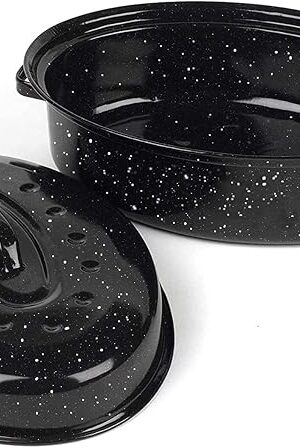 14.6 Inch Roaster Pan, Enamel Oval Turkey Roasting Pan with Domed Lid - Mother's Gift, Covered, Non-sticky, Free of Chemicals - Rôtissoire Chicken Meat Roasts Casseroles & Vegetables (14.6 Inch)