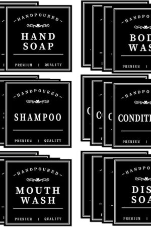 Waterproof Soap Labels for Bottles, Mouthwash Dispenser Label for Bathroom, Removable Self-Adhesive Stickers for Hand Soap, Dish Soap, Shampoo, Conditioner, Body Wash (24PCS,Black)