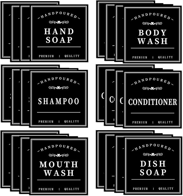 Waterproof Soap Labels for Bottles, Mouthwash Dispenser Label for Bathroom, Removable Self-Adhesive Stickers for Hand Soap, Dish Soap, Shampoo, Conditioner, Body Wash (24PCS,Black)
