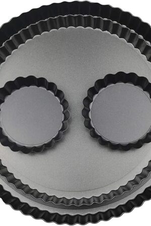 11 & 9 Inch Round Tart Pans with 2Pcs 4'' Mini Pans. Removable Bottom, Non-Stick Coating, Rugged Carbon Steel for Tart Quiche Pie Making. Gift for Christmas Thanksgiving Party Festival Family