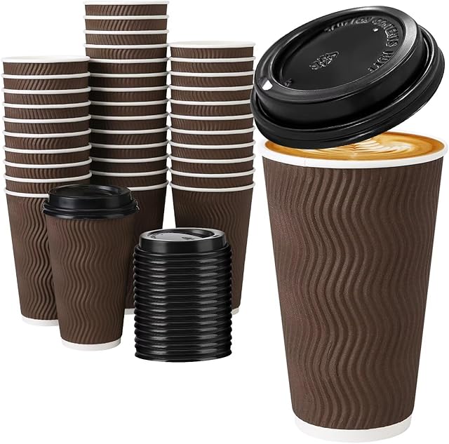 50 Pack 16 oz Disposable Insulated Coffee Cups with Lids | for Hot Cold Drinks | To Go Paper Coffee Cup