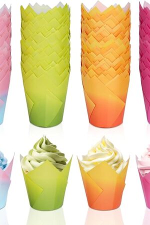 Whaline 200Pcs Bicolor Gradient Tulip Cupcake Liners Greaseproof Muffin Baking Liners Spring Easter Tulip Cupcake Wrappers Baking Cups for Bridal Shower Wedding Birthday Party Decor