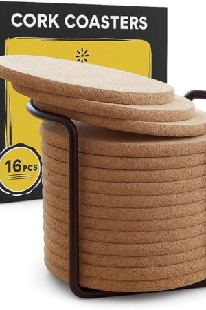 Cork Coasters for Drinks with Metal Holder - 16 Pcs Round 4 inch Drink Coaster Thick Absorbent Heat-Resistant Saucer - Used for Cold Hot Beverages Glasses Mugs Cups Plants Apartment Decor Bar Table