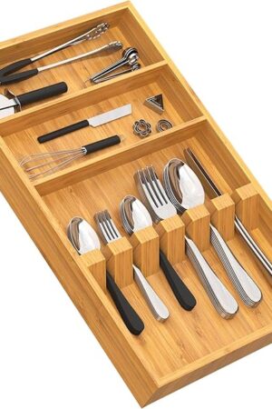 Yofidra Pure Bamboo Silverware Drawer Organizer 16.5 Inch for Spoons Forks Knives