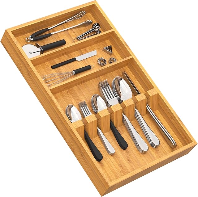 Yofidra Pure Bamboo Silverware Drawer Organizer 16.5 Inch for Spoons Forks Knives