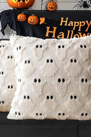 4TH Emotion Halloween Ghost Decorative Pillow Covers 18x18 Set of 2, Beige Soft Plush Faux Fur Farmhouse Throw Cushion Cases for Fall Autumn Holiday Home Decorations