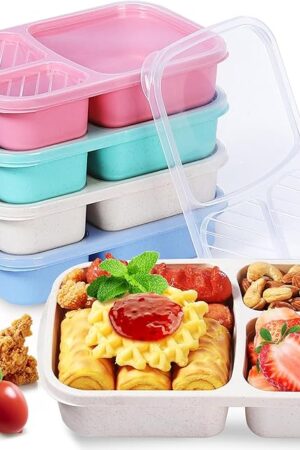 Bento Box Adult Lunch Box- 5 pack，3-Compartment Food Storage Snack Containers - Reusable for Work & Camping,Microwave &Fridge Safe (Green/Blue/Pink/Beige)