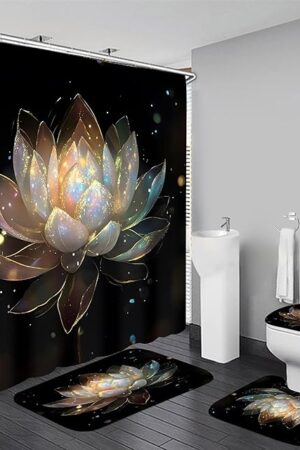 AZHM 4PCS Lotus Shower Curtain Set Black and Gold Flower Bathroom Decor Sets with Shower Curtain and Rugs and Accessories with 12 Hooks for Toilet