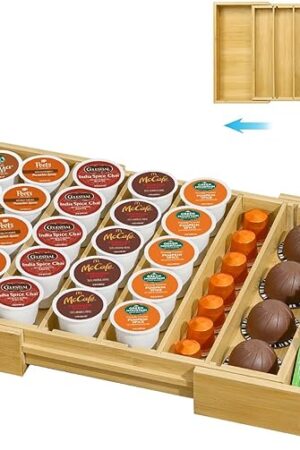 Coffee Pod Holder Drawer, Bamboo K Cup Holder Compatible with Nespresso Vertuo Capsules, 25-45 K Cup Drawer Organizer for Coffee Station Home Office and Kitchen (Bamboo)