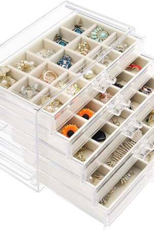 Acrylic Jewelry Box with 5 Drawers, Clear Earring Storage Organizer Display Case for Women Girls, Beige