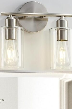 Bathroom Light Fixtures, 2-Light Brushed Nickel Vanity Lights, Modern Bathroom Lighting Fixtures Over Mirror with Clear Glass Shade, Wall Sconce Lighting for Bedroom Living Room
