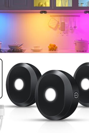 WILLED RGB Under Cabinet Lights,Rechargeable Puck Lights with Remote Control, Wireless Push Light with Timer Function,Dimmable LED Touch Tap Light for Kitchen,Cabinet,Closet, Counter,3 Pack