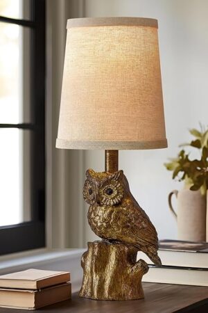 14.25" Small Table Lamp for Living Room Farmhouse Bedside Resin Single Lamp with Gold Owl Lamp Shape for Bedroom Retro Rustic Nightstand Lamp