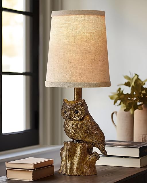 14.25" Small Table Lamp for Living Room Farmhouse Bedside Resin Single Lamp with Gold Owl Lamp Shape for Bedroom Retro Rustic Nightstand Lamp