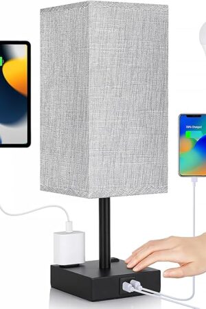 Bedside Table Lamp for Bedroom - Touch Small Lamp with USB C+A Charging Ports & AC Outlets, 3 Way Dimmable Nightstand Light for Living Room (LED Bulb Included, Grey)