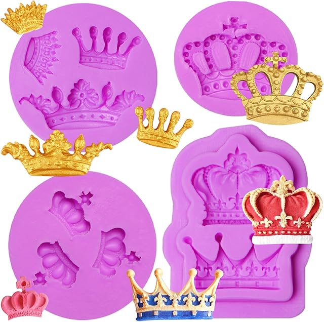 4 Pieces Crown Silicone Fondant Molds, 3D Crown Candy Baking Molds, Princess Crown Cake Decoration Chocolate for Cupcake Topper Sugar Craft Gum Paste Clay Crafting Projects