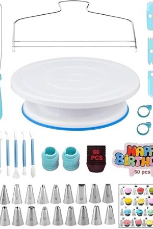 248 Pcs Cake Decorating Kit with Cake Turntable,Cake Leveler,24 Numbered Icing Piping Tips,2 Spatulas,3 Comb Scrapers,2 Couplers,5 Bag Ties,100 Pastry Bags,50 Cupcake Liners,50 Cake Flags