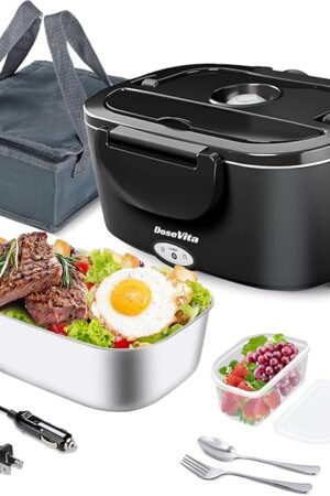 Electric Lunch Box for Adults, 80W Heated Lunch Box 1.5L Stainless Steel, 12V/24V/110V Portable Food Warmer for Car/Truck/Office With Fork Spoon and Insulated Carry Bag (Black)