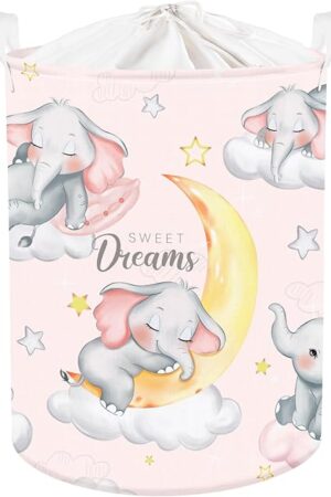 Clastyle Sleeping Elephant Kid Laundry Basket Pink Baby Girls Clothes Hamper for Nursery Collapsible Star Moon Towel Toy Storage Basket with Lid