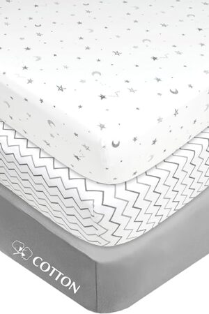 American Baby Company 3 Pack 100% Natural Cotton Fitted Mini Crib Sheets 38" x 24" Gray Star/Zigzag