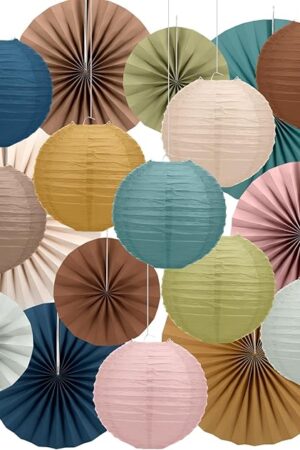 Wavwavw 18 Pcs Boho Hanging Paper Lanterns and Paper Fans Decor Back to School Party Decorations Round Boho Garlands Bulletin Board Decor for Classrooms Office Ceilings Wall Birthday Party Supplies