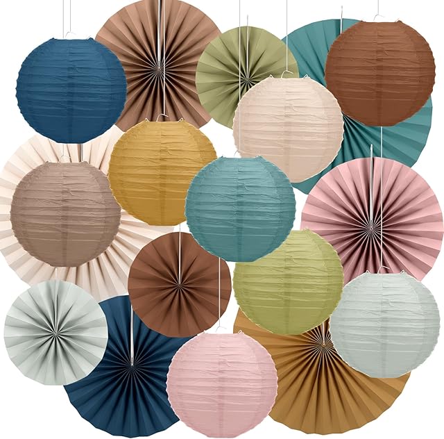 Wavwavw 18 Pcs Boho Hanging Paper Lanterns and Paper Fans Decor Back to School Party Decorations Round Boho Garlands Bulletin Board Decor for Classrooms Office Ceilings Wall Birthday Party Supplies