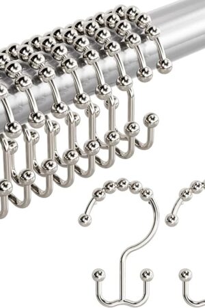 Amazer Shower Curtain Hooks, Rust-Resistant Metal Double Shower Curtain Rings for Curtain Rolling Shower Hooks, 12PCS Shower Rings for Bathroom Shower Curtain Rod, Nickel