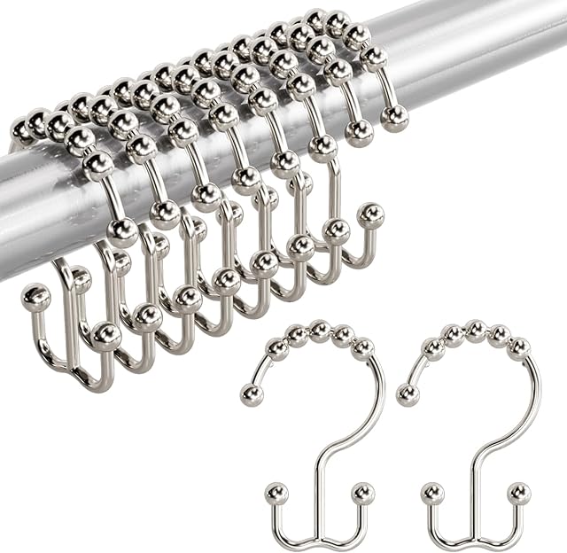 Amazer Shower Curtain Hooks, Rust-Resistant Metal Double Shower Curtain Rings for Curtain Rolling Shower Hooks, 12PCS Shower Rings for Bathroom Shower Curtain Rod, Nickel