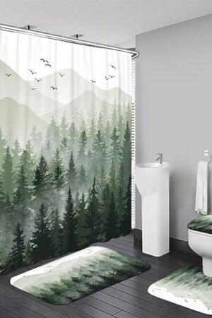 DDQQ 4Pcs Green Misty Forest Shower Curtain Sets with 12 Hooks, Non-Slip Rugs Toilet Lid Cover and Bath Mat for Bathroom Decor Sets, Nature Tree Mountain Shower Curtains for Bathroom