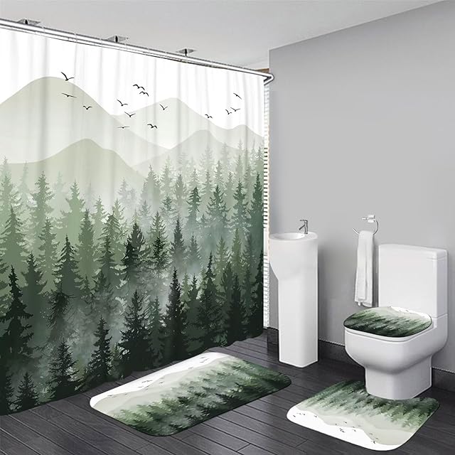 DDQQ 4Pcs Green Misty Forest Shower Curtain Sets with 12 Hooks, Non-Slip Rugs Toilet Lid Cover and Bath Mat for Bathroom Decor Sets, Nature Tree Mountain Shower Curtains for Bathroom