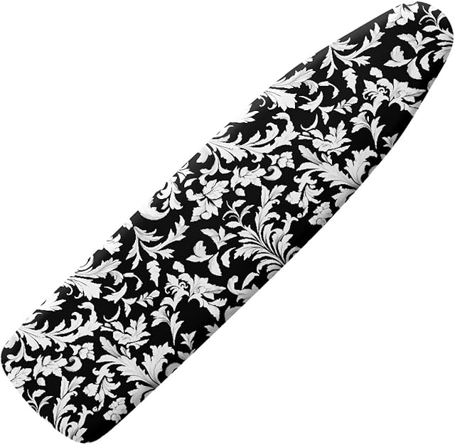 Classic Damask Floral Homes Replacement Ironing Board Cover, Black White Adjustable Elastic Edge Fit, Vintage Abstract Flower Stain Resistant, Easy Installation