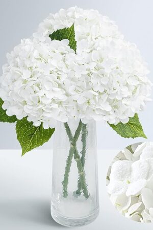 Waipfaru 21" Real Touch White Hydrangea Artificial Flowers with Long Stem & Leaves, Full Latex Faux Hydrangea Flowers for Home Decor Party Floral Arrangements Wedding Bouquets Centerpieces, 3Pcs