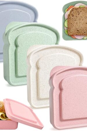 4Pcs Sandwich Containers for Lunch Boxes, Reusable Sandwich Box Container for Kids, Sandwich Holder Bread Container for Adults, BPA Free, Microwave & Dishwasher Safe, School, Office, Camping