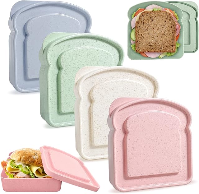 4Pcs Sandwich Containers for Lunch Boxes, Reusable Sandwich Box Container for Kids, Sandwich Holder Bread Container for Adults, BPA Free, Microwave & Dishwasher Safe, School, Office, Camping