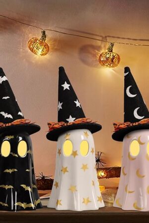 DAZONGE Halloween Decorations Indoor, Set of 3 Ceramic Ghosts with Witch Hats, Cute Spooky Halloween Ghost Figurines for Mantel, Shelf & Tabletop Decor