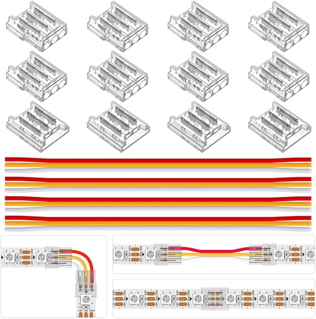 BTF-LIGHTING 3 Pin 10mm 0.39in Width Transparent Connector Kit,4xGapless Solderless 8PCS Corner Connectors,4PCS 5.9in Long 22AWG Extension Wires,Support WS2812B WS2811 SK6812 SMD LED Strips