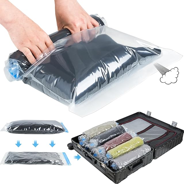 Compression Bags for Travel- Travel Essentials 10 Pack Space Saver Bags No Vacuum or Pump Needed Vacuum Storage for Clothing- Home Packing Organizers Blue
