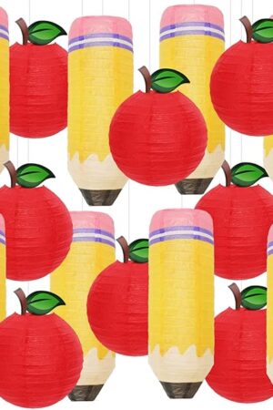 16 Pcs Pencil Hanging Paper Lanterns and Red Apple-Shaped Paper Lanterns Party Decorations Back to School Hanging Decor for First Day of School Classroom Kindergarten Room Birthday Party