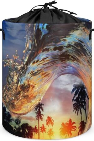 Brebasf Ocean Surfing Theme Freestanding Waterproof Laundry Basket, Summer Tropical Beach Palm Trees Sunset Waves Freestanding Waterproof Laundry Basket 13.8"W x 17.3"H