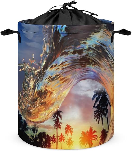 Brebasf Ocean Surfing Theme Freestanding Waterproof Laundry Basket, Summer Tropical Beach Palm Trees Sunset Waves Freestanding Waterproof Laundry Basket 13.8"W x 17.3"H