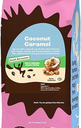 Crazy Cups Decaf Flavored Ground Coffee, Decaffeinated Coconut Caramel Coffee, For Brewing Flavored Hot or Iced Decaf Caramel Coffee, 10oz