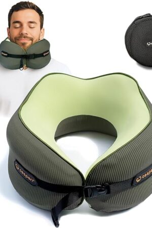 Cesperi® Travel Neck Pillow for Airplanes, Ergonomic Design, Airplane Neck Pillow with Memory Foam, Travel Essentials for Flights, Car Rides, and Home Rest, M Size, 140-210LB (Avocado Green)