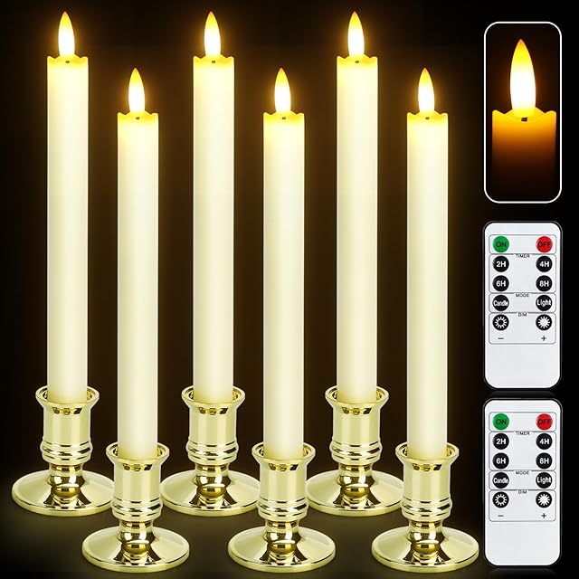 6 Pack Flameless LED Taper Candles With 2 Remotes, Fake Candles With Holders, Battery Operated Pillar 3D Flame Real Wax for Home Decor, Wedding, Table, Festival, Halloween, Christmas