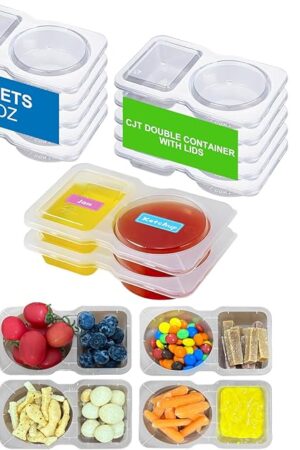CJT 12 Sets Reusable Compartment Condiment Container with Lids - Disposable Double Small Plastic Snack Containers for Sauces, Meal Prep, Salad Dressing