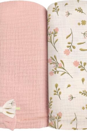 2 Pack Muslin Swaddle Blankets and Headbands for Baby Boys Girls Receiving Blanket for Newborn 47 x 47 inches Soft Breathable Swaddle Blanket Wrap