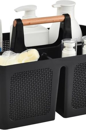 ALINK Portable Shower Caddy Basket with Compartments, Plastic Divided Cleaning Caddy Organizer Storage Tote with Handle for Bathroom, College, Dorm Room Essentials, Black