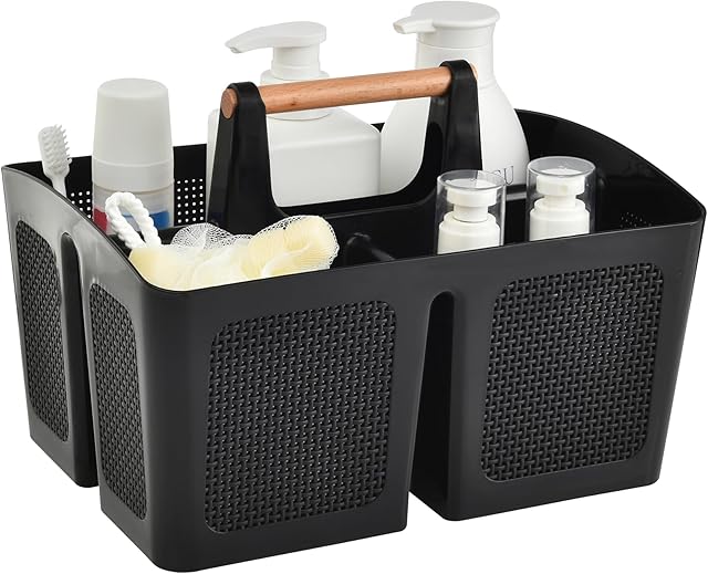 ALINK Portable Shower Caddy Basket with Compartments, Plastic Divided Cleaning Caddy Organizer Storage Tote with Handle for Bathroom, College, Dorm Room Essentials, Black