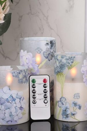 DRomance Hydrangea Glass Flameless Candles with Remote Timer Battery Operated LED Flickering Pillar Candles Real Wax Spring Dinner Christmas Holiday Decor D3 x H4, 5", 6"